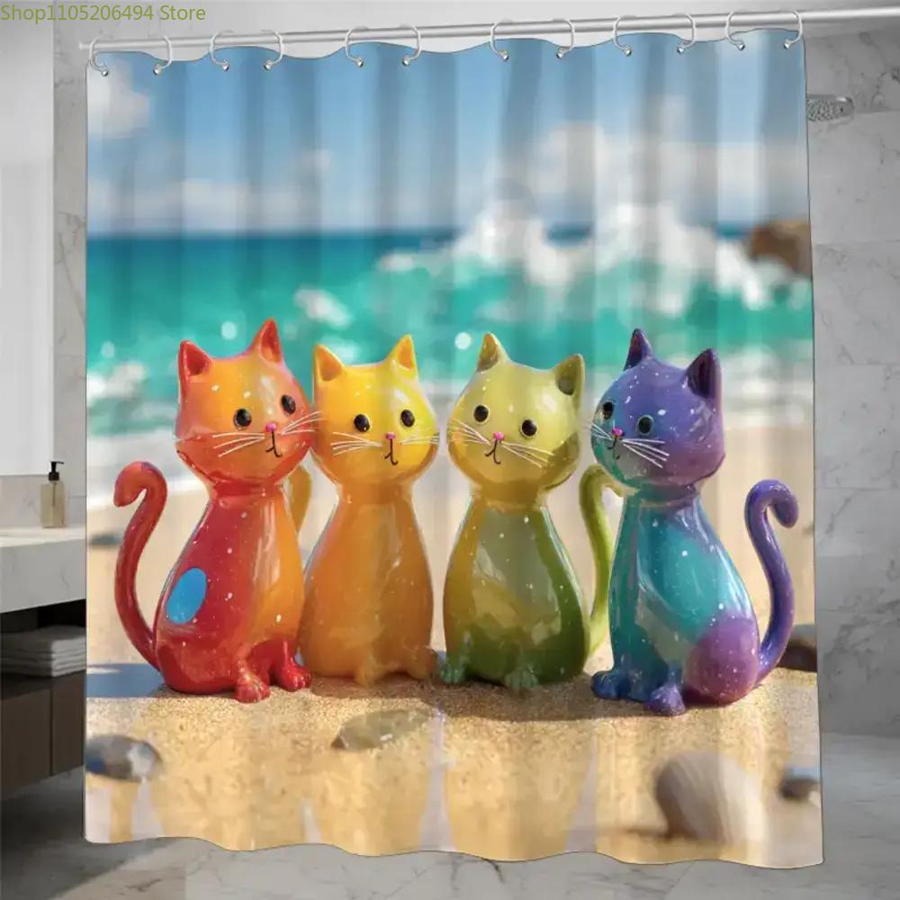 Home Bathroom Design Ideas - Tirai Mandi Kucing Pelangi Warna-warni Desain