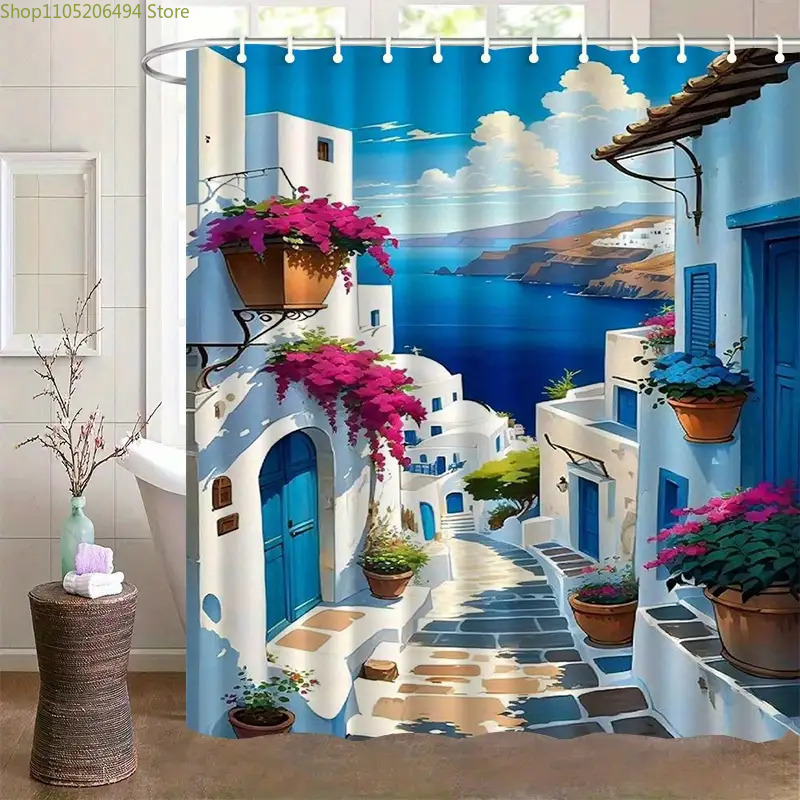 Home Bathroom Design Ideas - Tirai Kamar Mandi Santorini, Pulau Yunani,